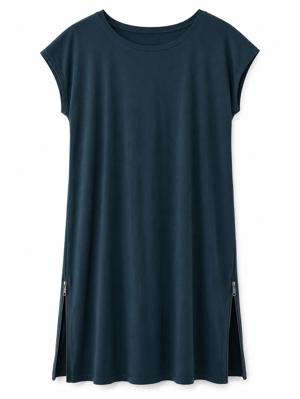 Eileen Fisher Deep Teal Cap-Sleeve Shift Dress with Side Zippers